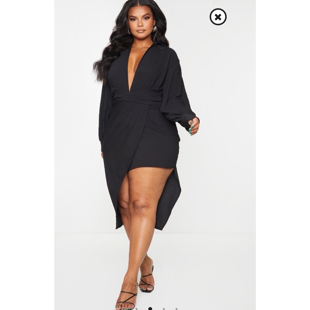 Plus Black Plunge Wrap Textured Dress